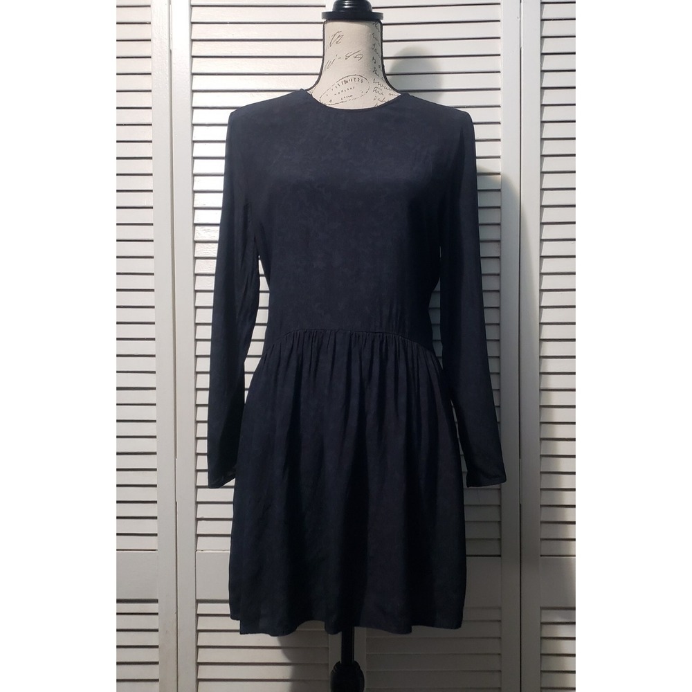 Zara Baby Doll Dress Womens Small Navy Black Floral Long Sleeve Above Knee Swing